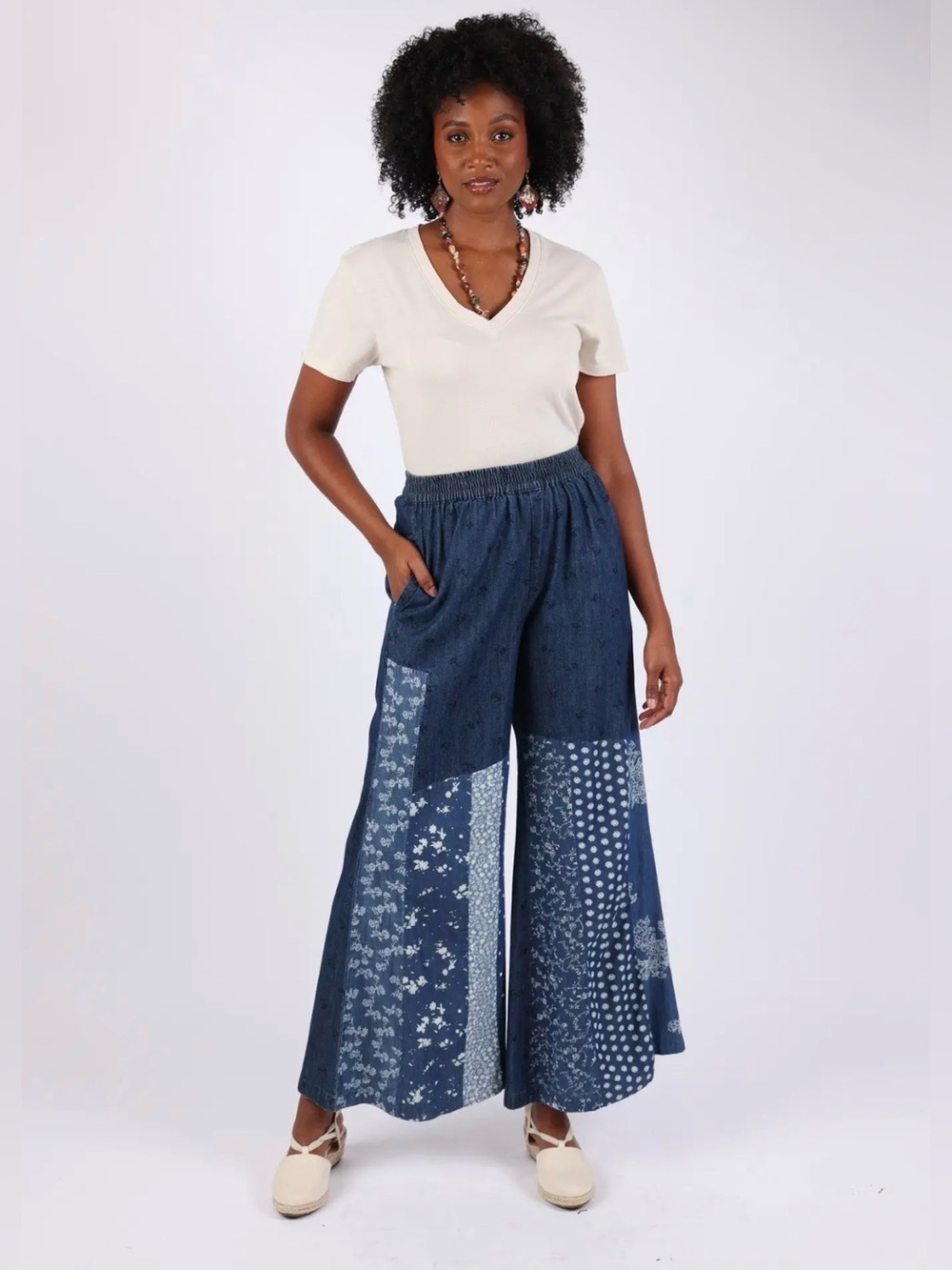 Sacred Threads Wide-Leg Denim Patchwork Indigo Pants for Women - Picture 1 of 2